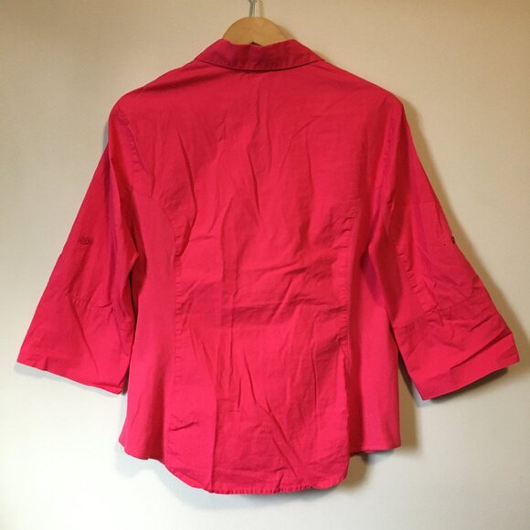 Brilliant Pink Cotton Button Down 3/4 Flare Sleeve Dress Shirt - Picture 2 of 15